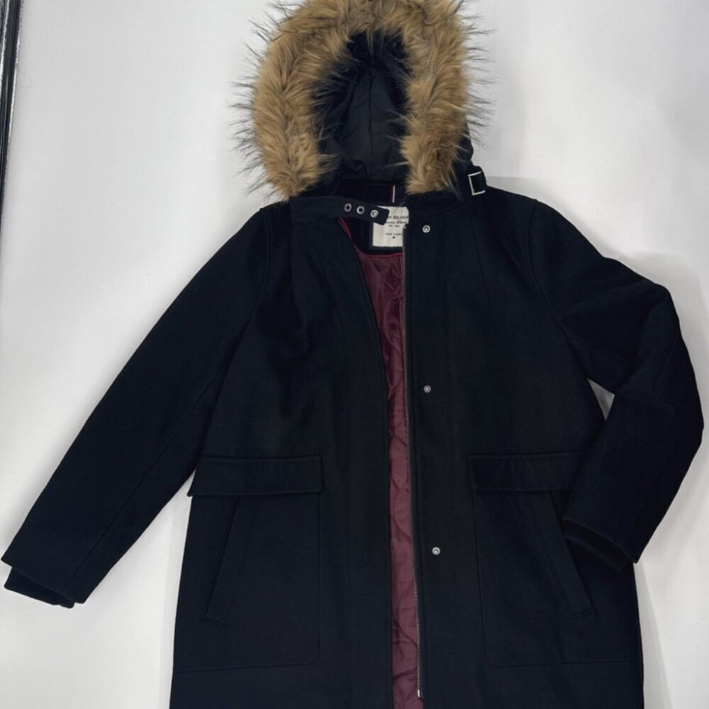 Tommy Hilfiger Wool Coat Womens Large Black Thick Fur Trim Hooded Quilted Liner